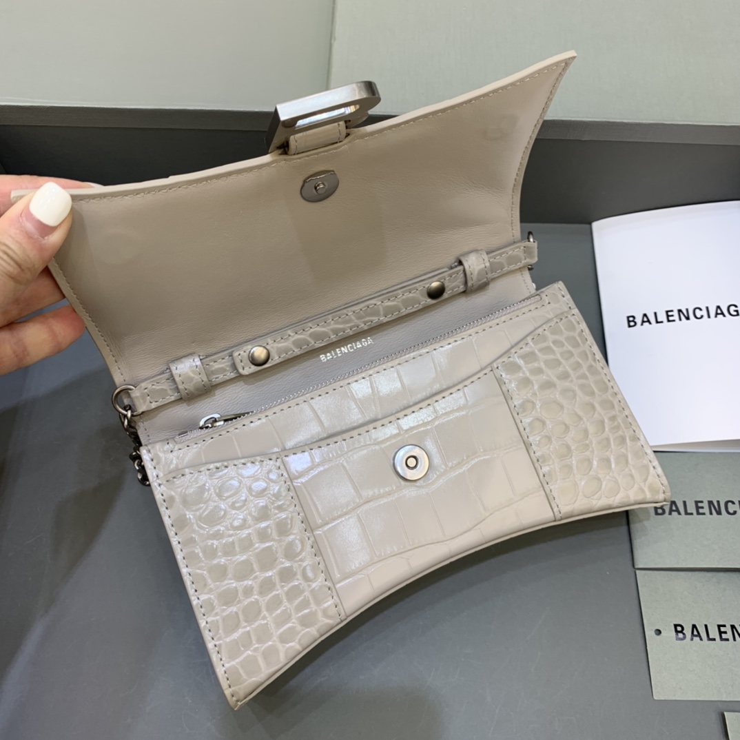 Balenciaga Small Hourglass Wallet With Chain Crocodile Embossed Shoulder Bag Beige